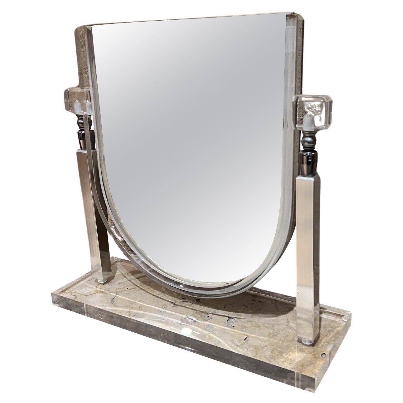 1970s Style Charles Hollis Jones Table Vanity Mirror Lucite & Chrome  For Sale