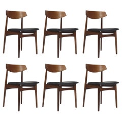 Retro Set of Six Danish Teak Dining Chairs in Black Leather