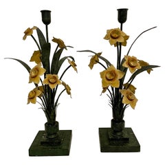 Pair Vintage Floral Italian Tole Painted Candle Sticks