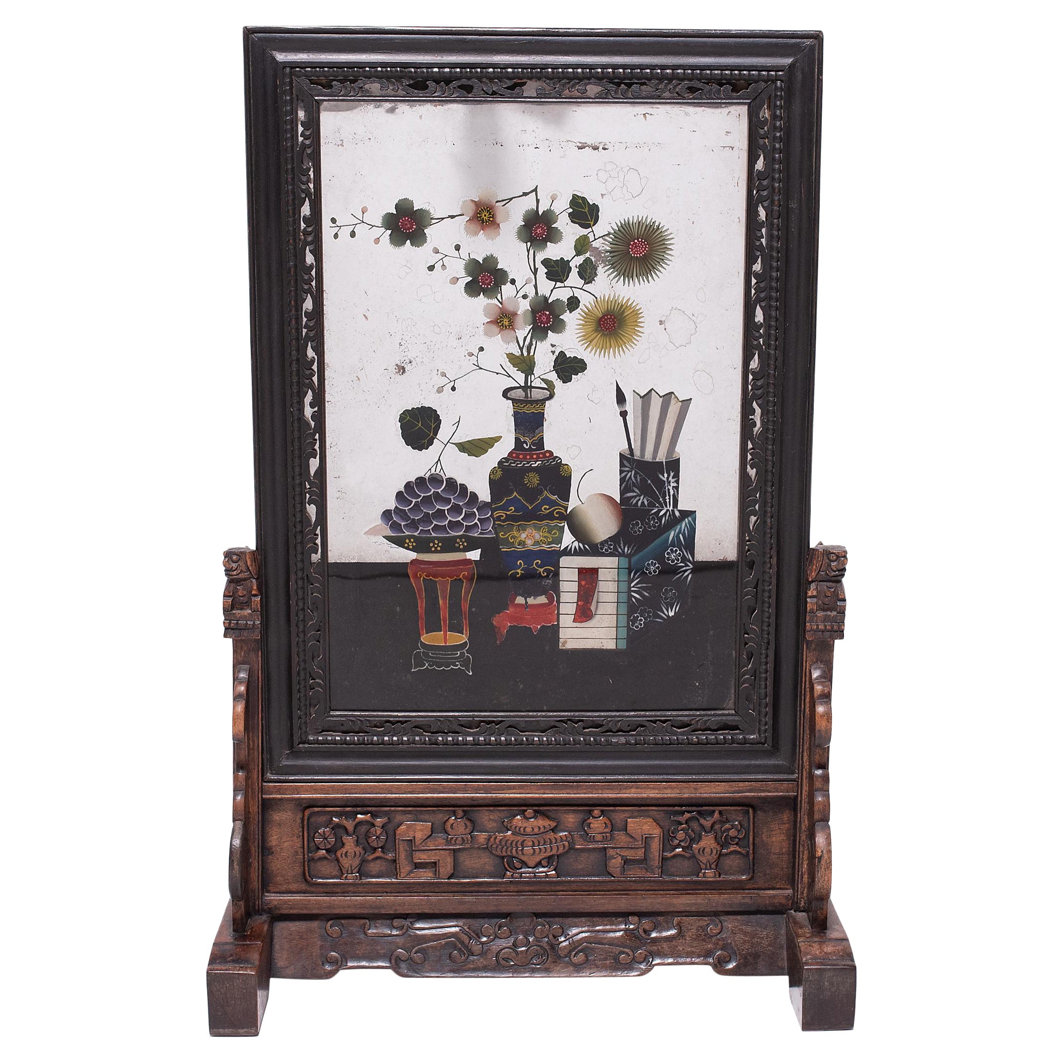 Chinese Reverse Glass Table Screen with Floral Still Life, c. 1850