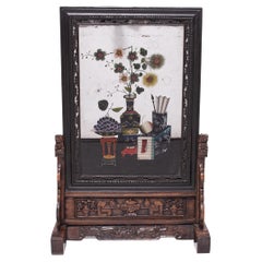 Biombo chino de vidrio invertido con bodegón floral, c. 1850