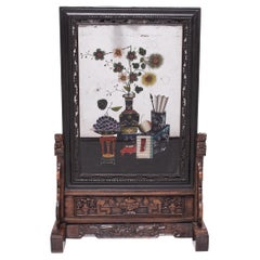 Vintage Chinese Reverse Glass Table Screen with Floral Still Life, c. 1850