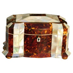 Retro English Georgian Serpentine Tortoise Shell & Mother of Pearl Tea Caddy, C. 1800