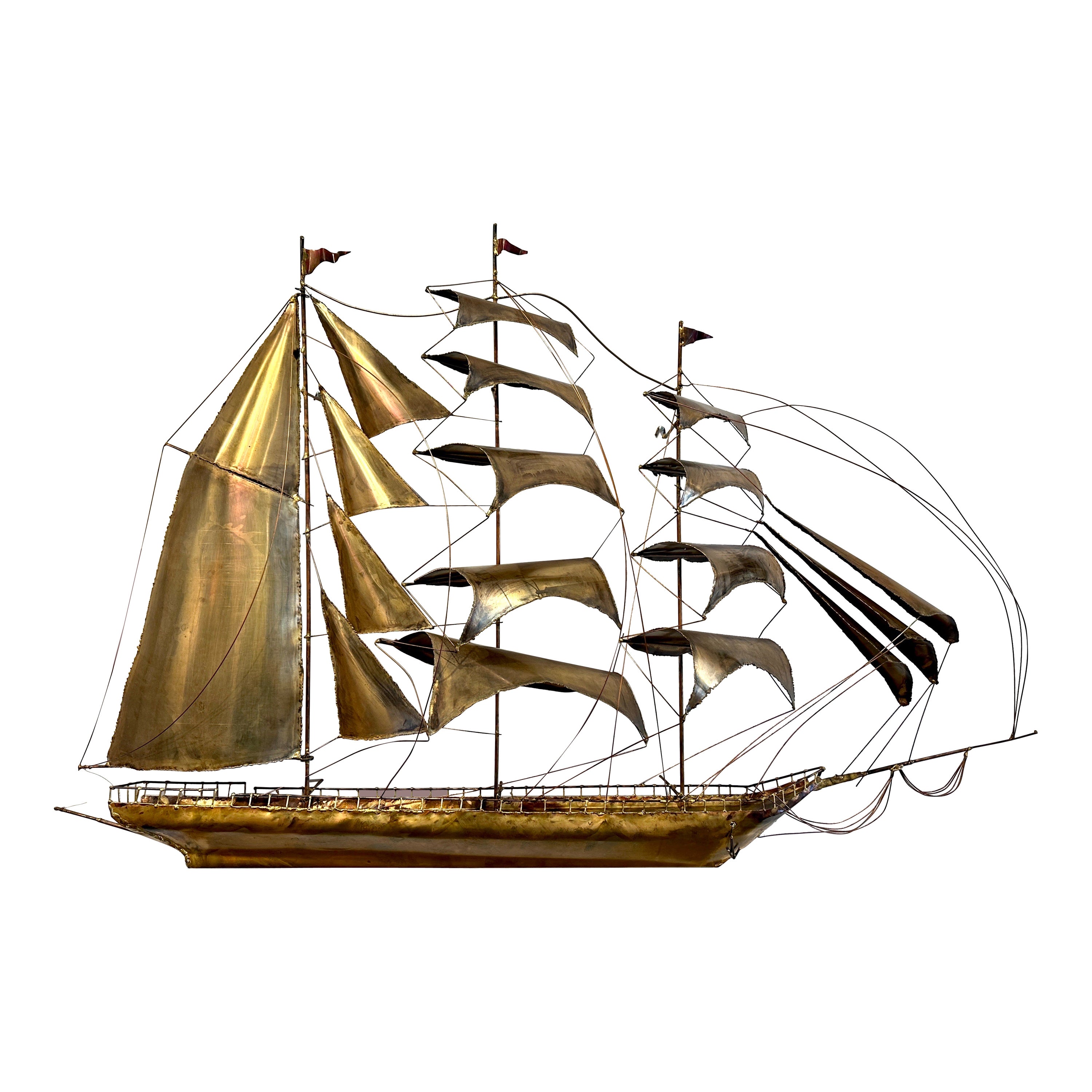 Wonderfully Crafted Large Brass Clipper Ship Wall Sculpture For Sale