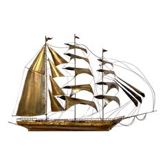 Vintage Wonderfully Crafted Large Brass Clipper Ship Wall Sculpture