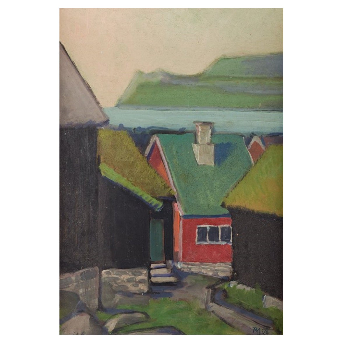 Unknown Artist. Faroese Motif. Oil on Board. 1976