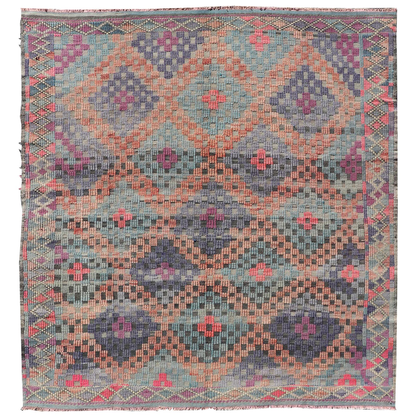 Turkish Vintage Kilim with All-Over Geometric Diamond Design in Multicolor For Sale
