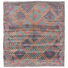 Turkish Vintage Kilim with All-Over Geometric Diamond Design in Multicolor