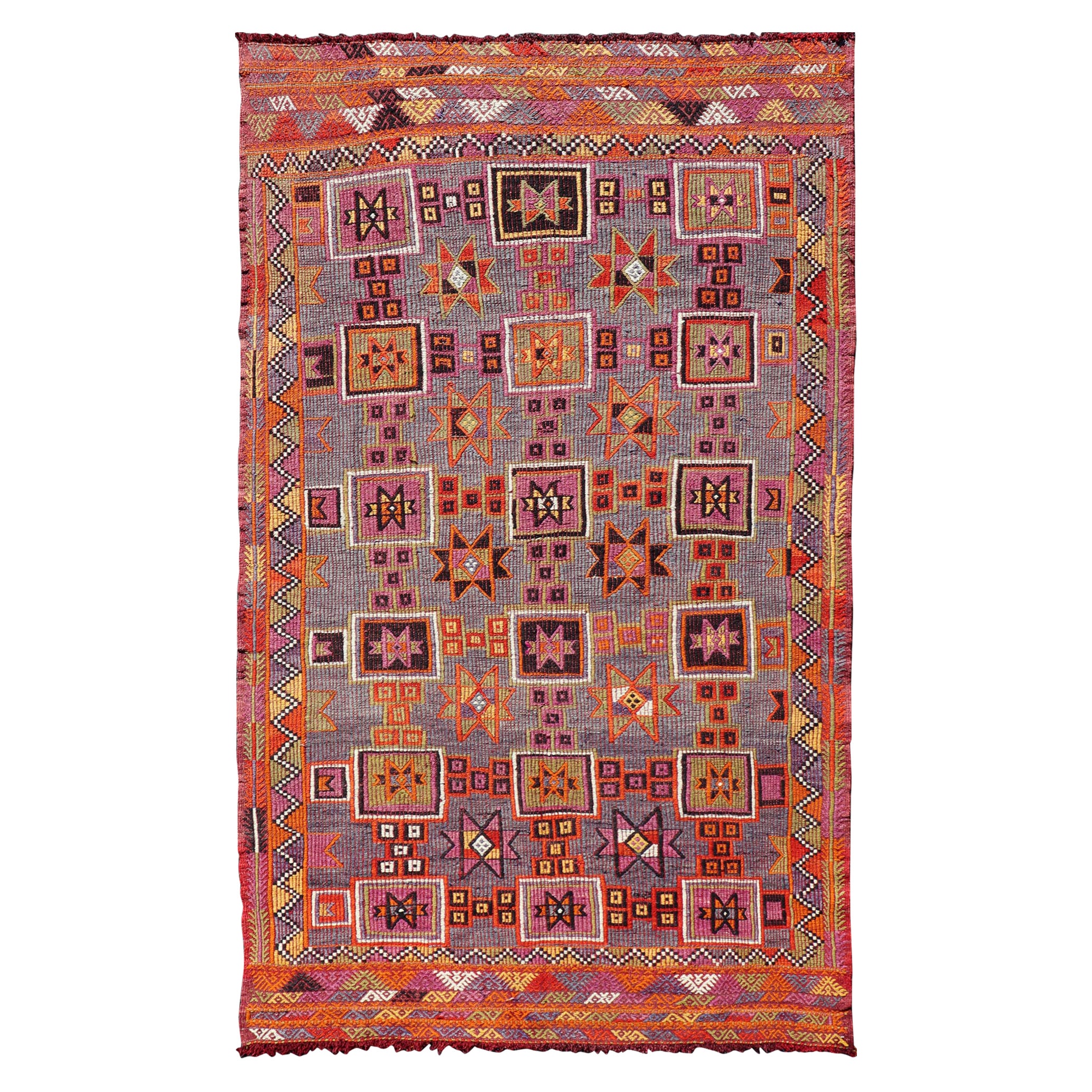Colorful Vintage Kilim Embroidered Jajeem with Square and Star Design In Purple