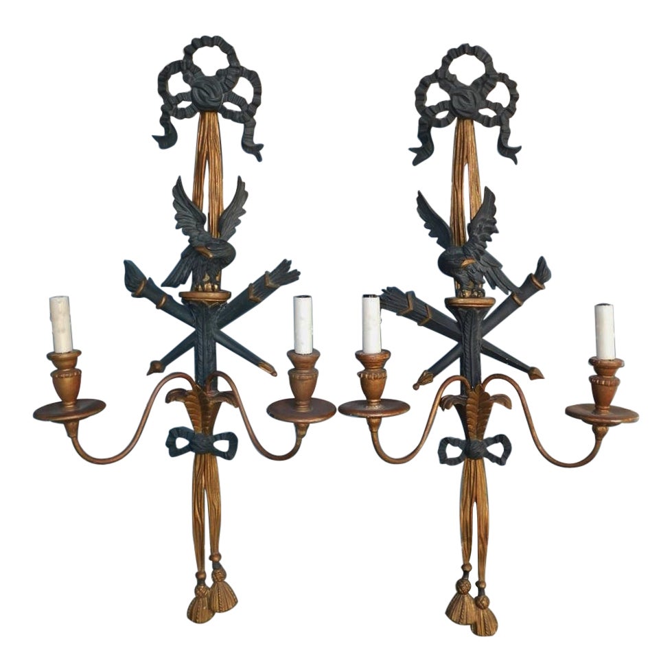 Pair of French Ebonized Eagle and Ribbon Gilt Wood Two Arm Wall Sconces, C 1840 For Sale