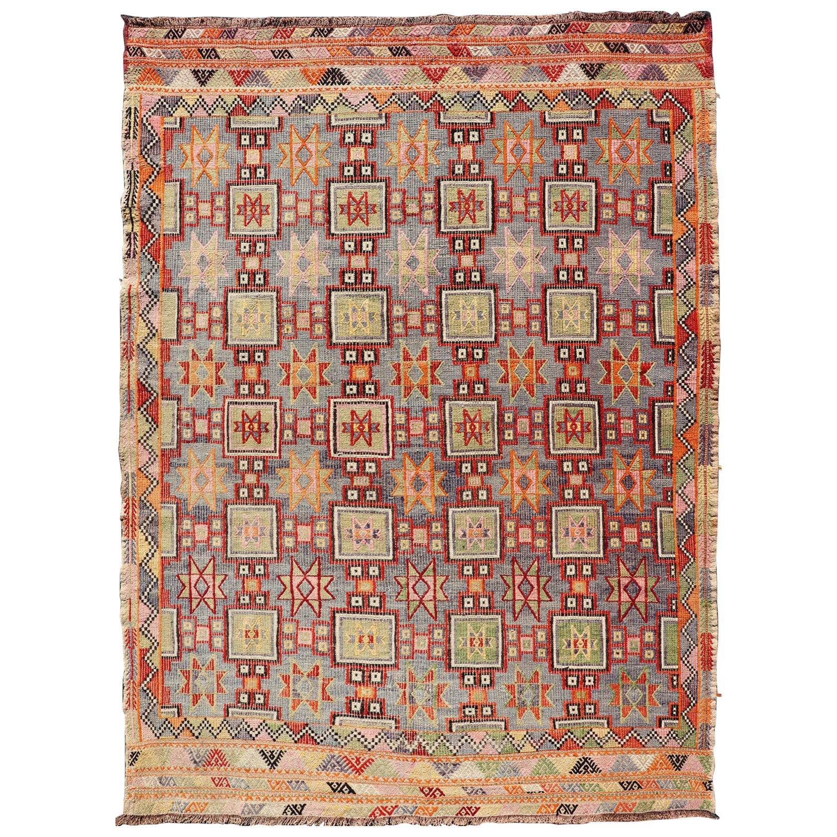 Colorful Vintage Turkish Kilim Embroidered with Star Design in Gray and Green For Sale