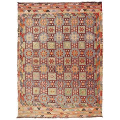 Colorful Vintage Turkish Kilim Embroidered with Star Design in Gray and Green