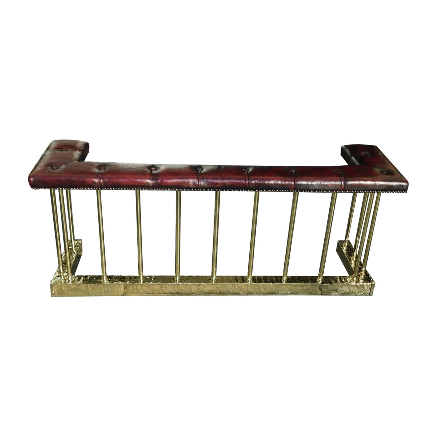 English Brass Gallery and Leather Tufted Club Fire Place Fender, Circa 1830 For Sale