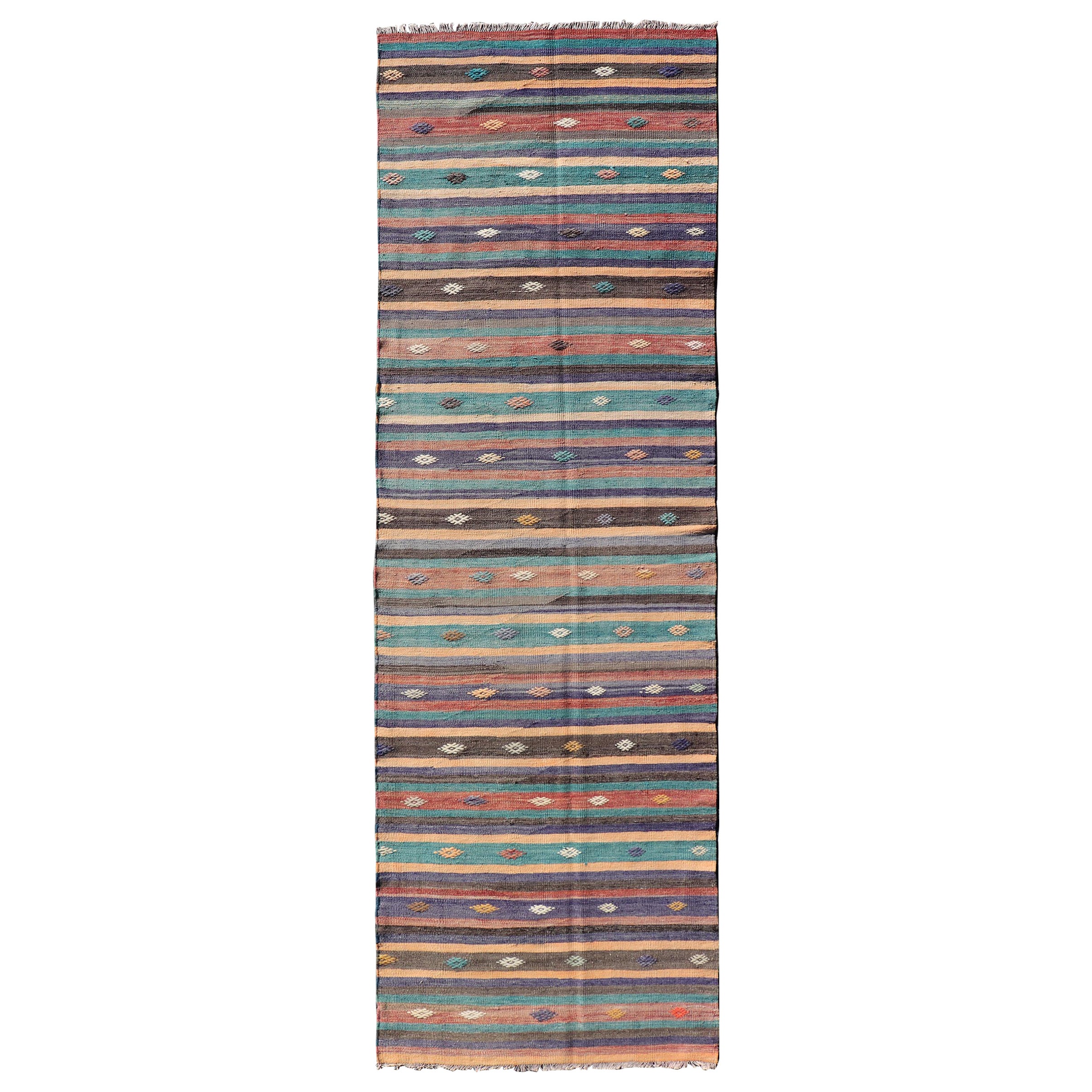 Colorful Vintage Embroidered Kilim Runner with Stripe's and Geometric Motifs For Sale