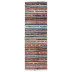 Colorful Vintage Embroidered Kilim Runner with Stripe's and Geometric Motifs