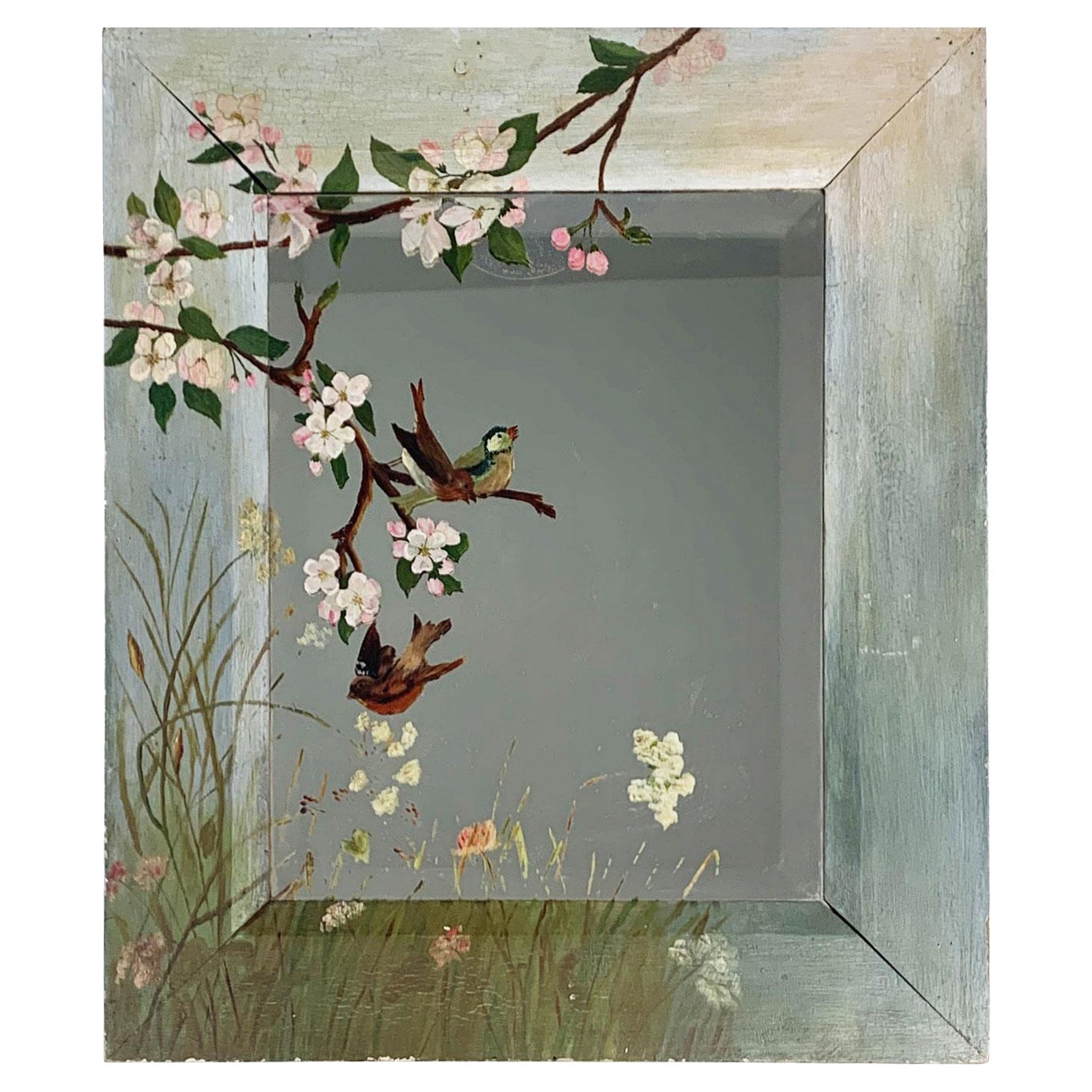Decorated Cottage Mirror Beveled Glass Painted w/Birds and Blossoms, circa 1890