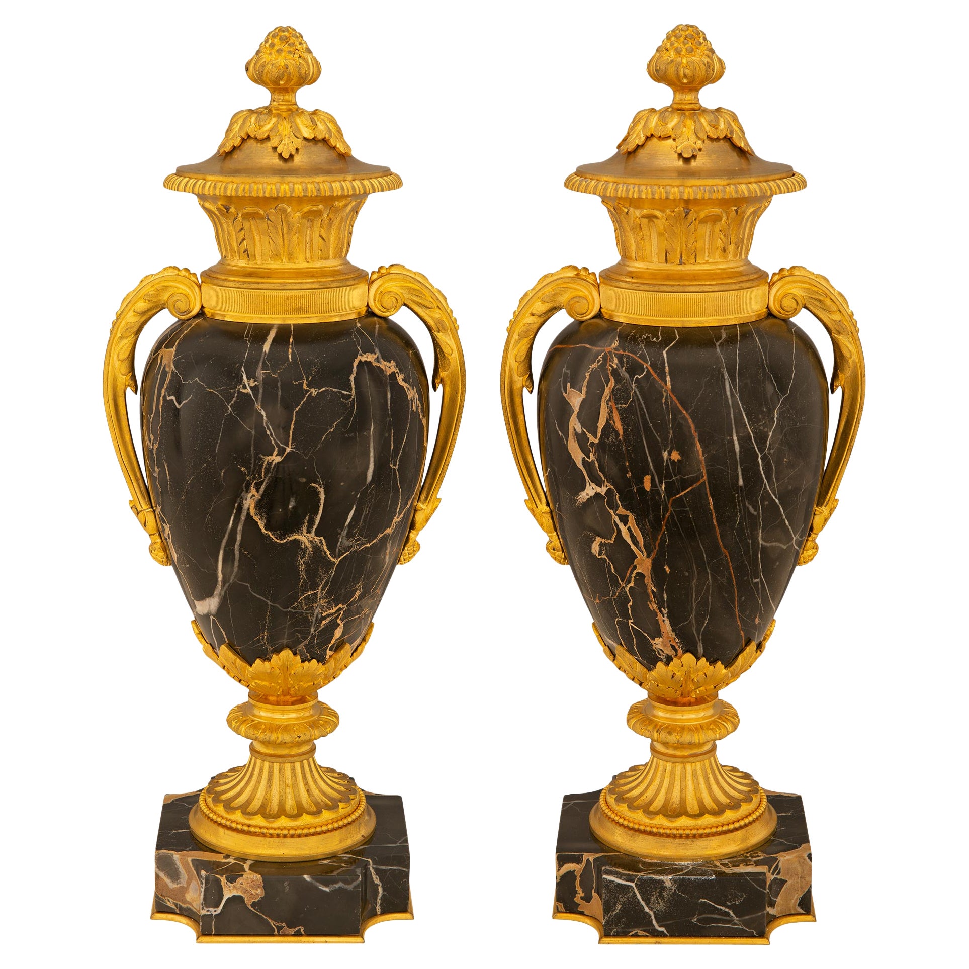 Pair of French 19th Louis XVI St. Ormolu and Portoro Marble Lidded Urns For Sale