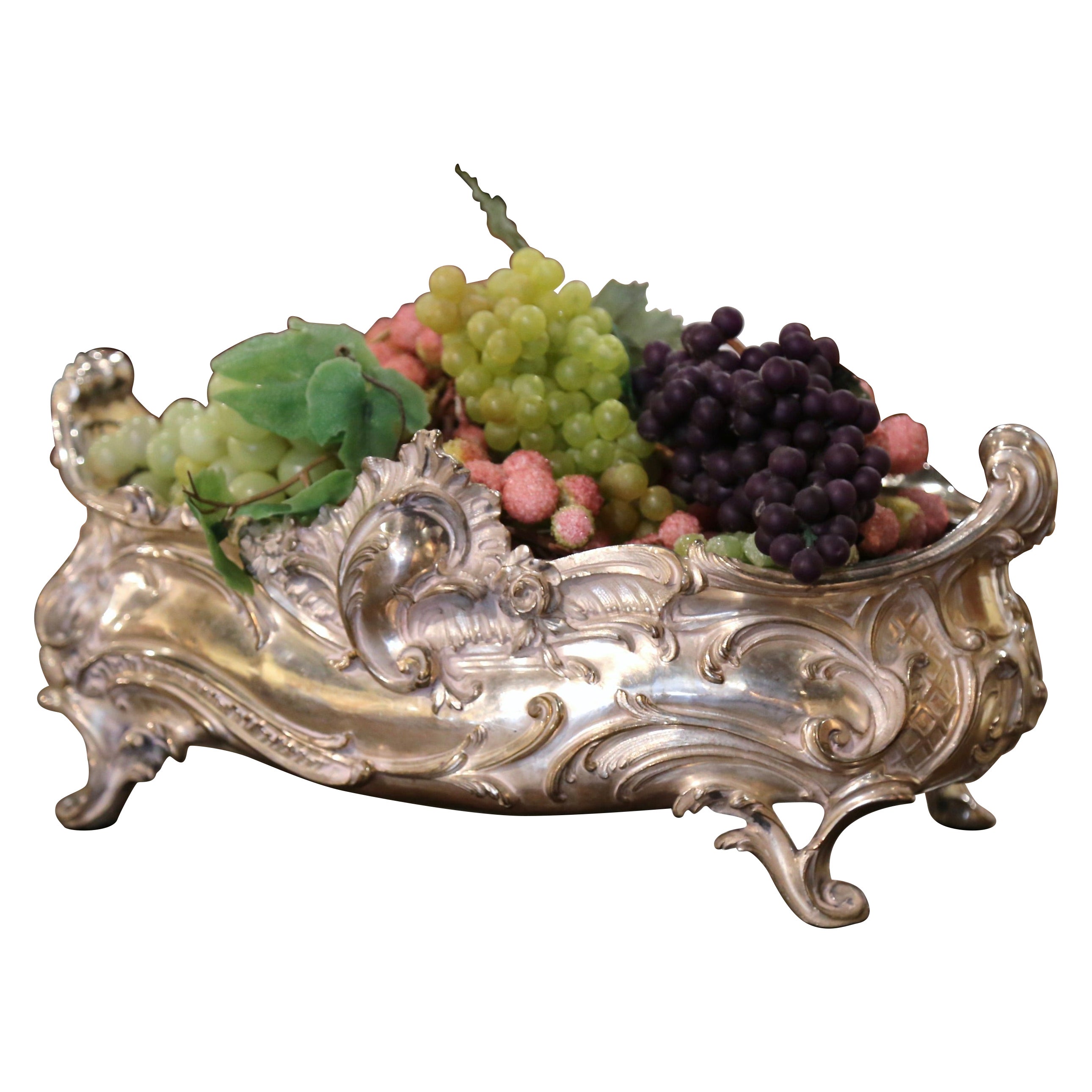 19th Century French Louis XV Bronze Silver Plated Oval Jardinière Center Piece For Sale