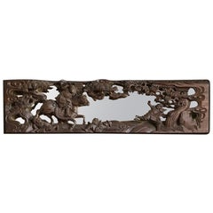 Antique Heavily Carved Wooden Chinese Mirror Depicting a Battle Scene