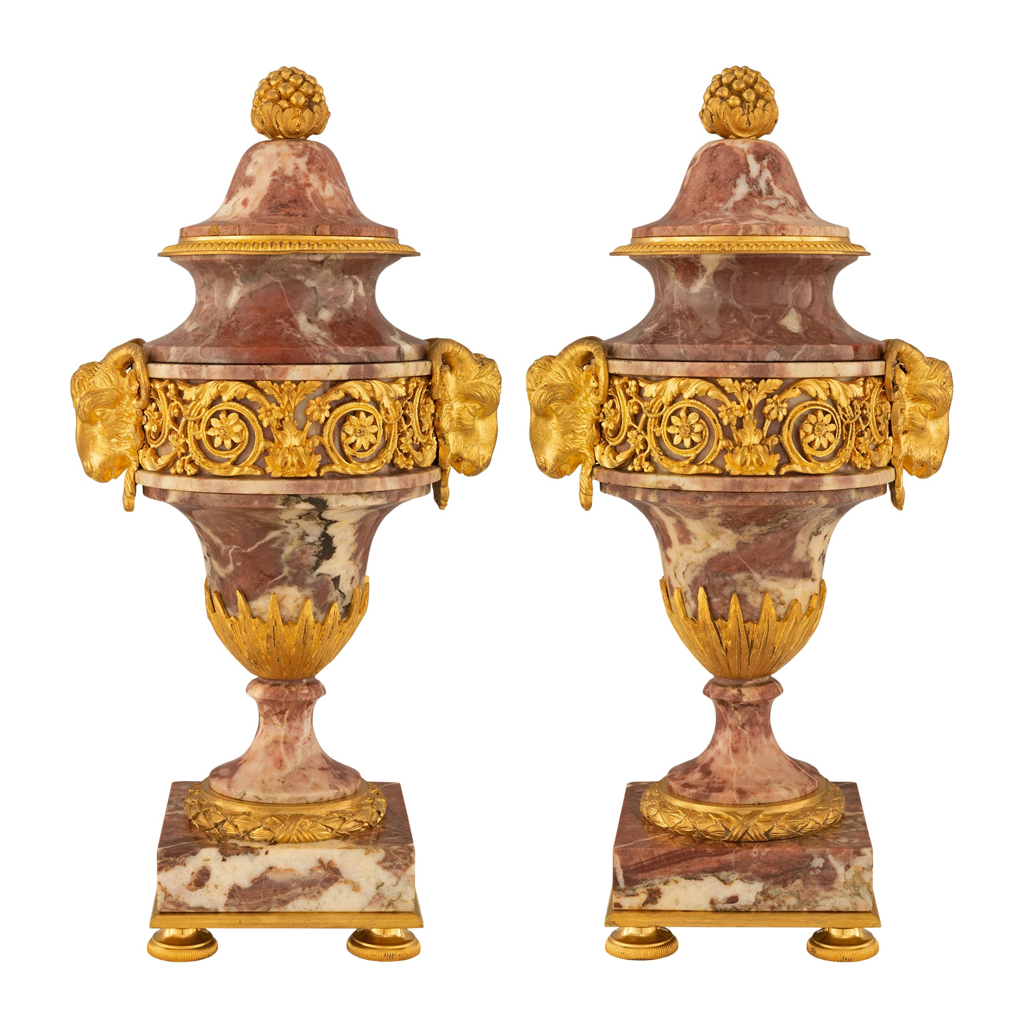 Pair of French 19th Century Louis XVI St. Brèche Violette Marble and Ormolu Urns For Sale