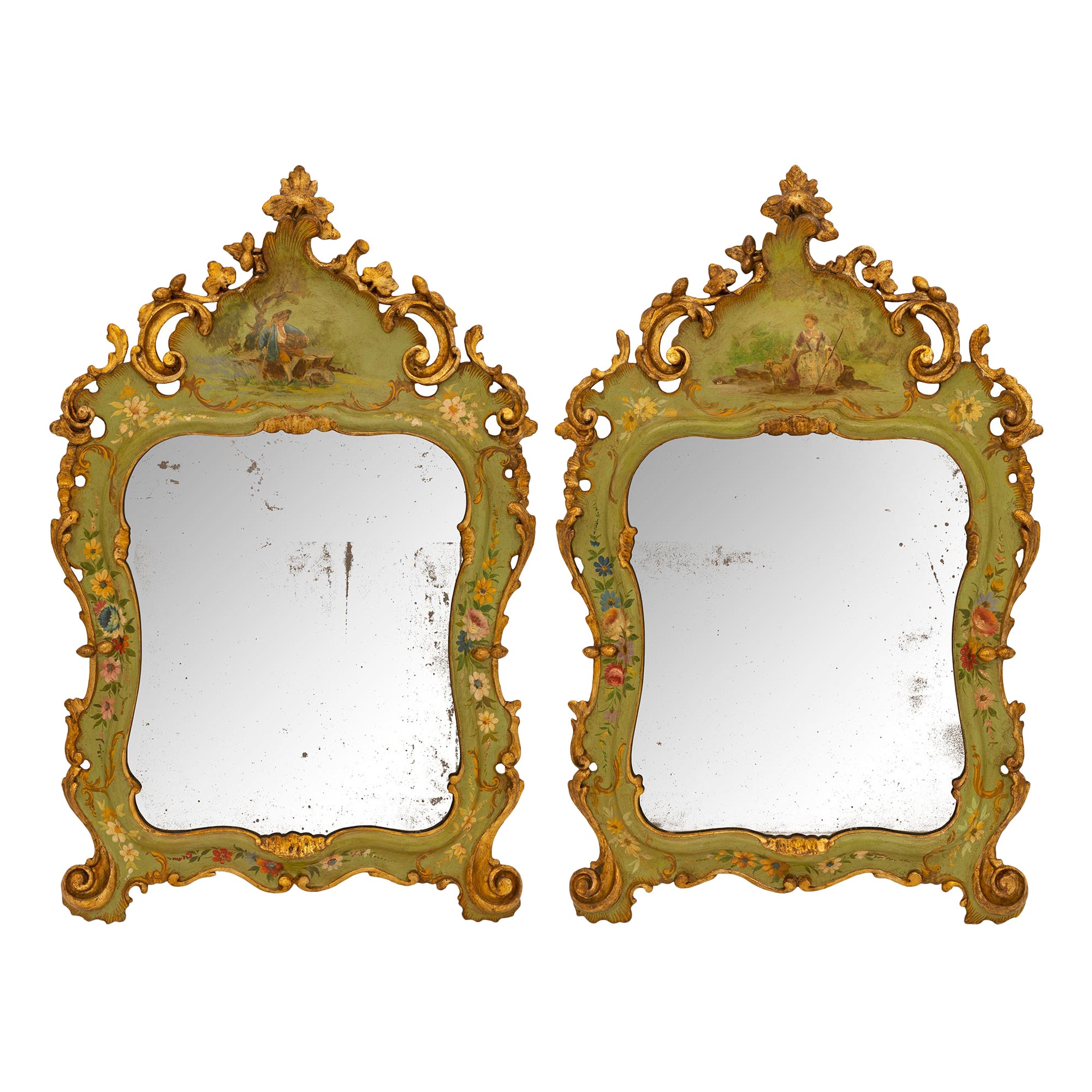 True Pair of Italian 19th Century Venetian St. Patinated Wood Mirrors
