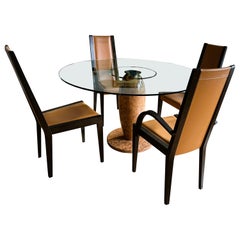 Base de table de salle à manger en marbre et plateau en verre, 4 chaises en cuir par Roche Bobois/Potocco