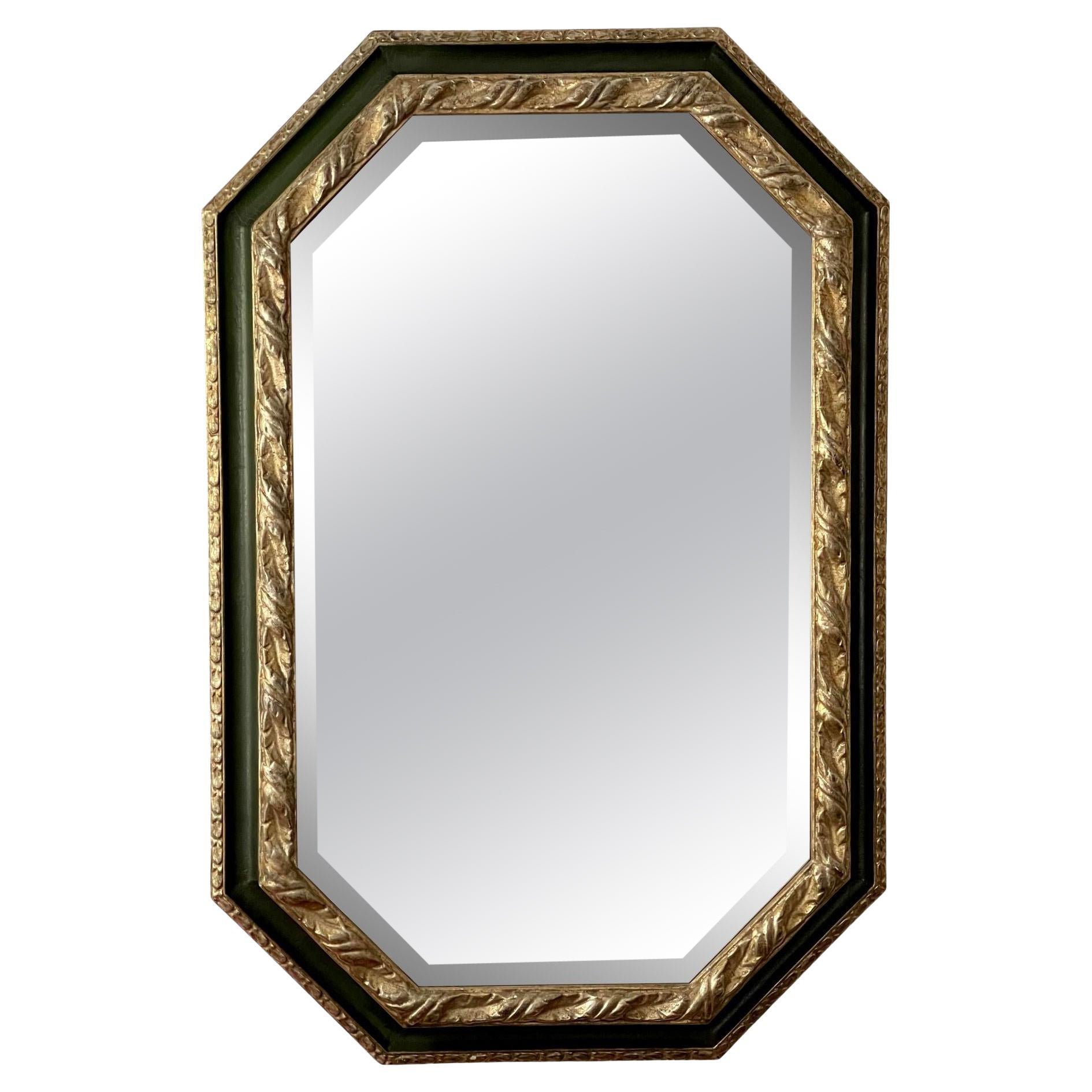 Hand Carved Ebanista White Gold & Dark Green Octagonal Mirror For Sale
