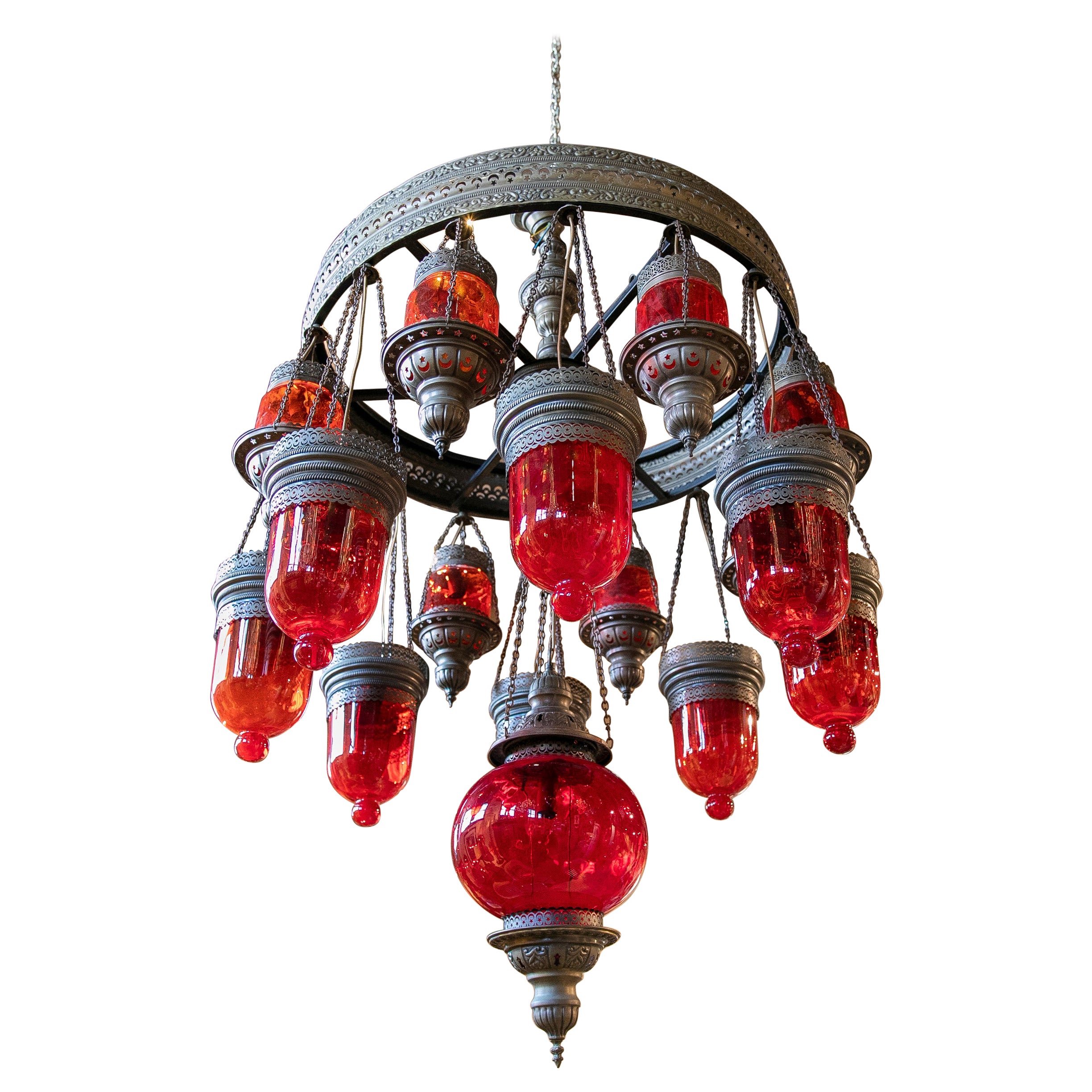 Ceiling Lamp Made of Metal, Iron and Decorative Glass in Red Colour For Sale
