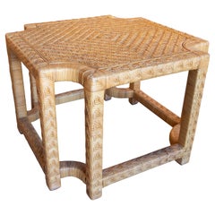 Vintage Spanish Side Table with Wooden Frame Covered with Hand-Sewn Wicker