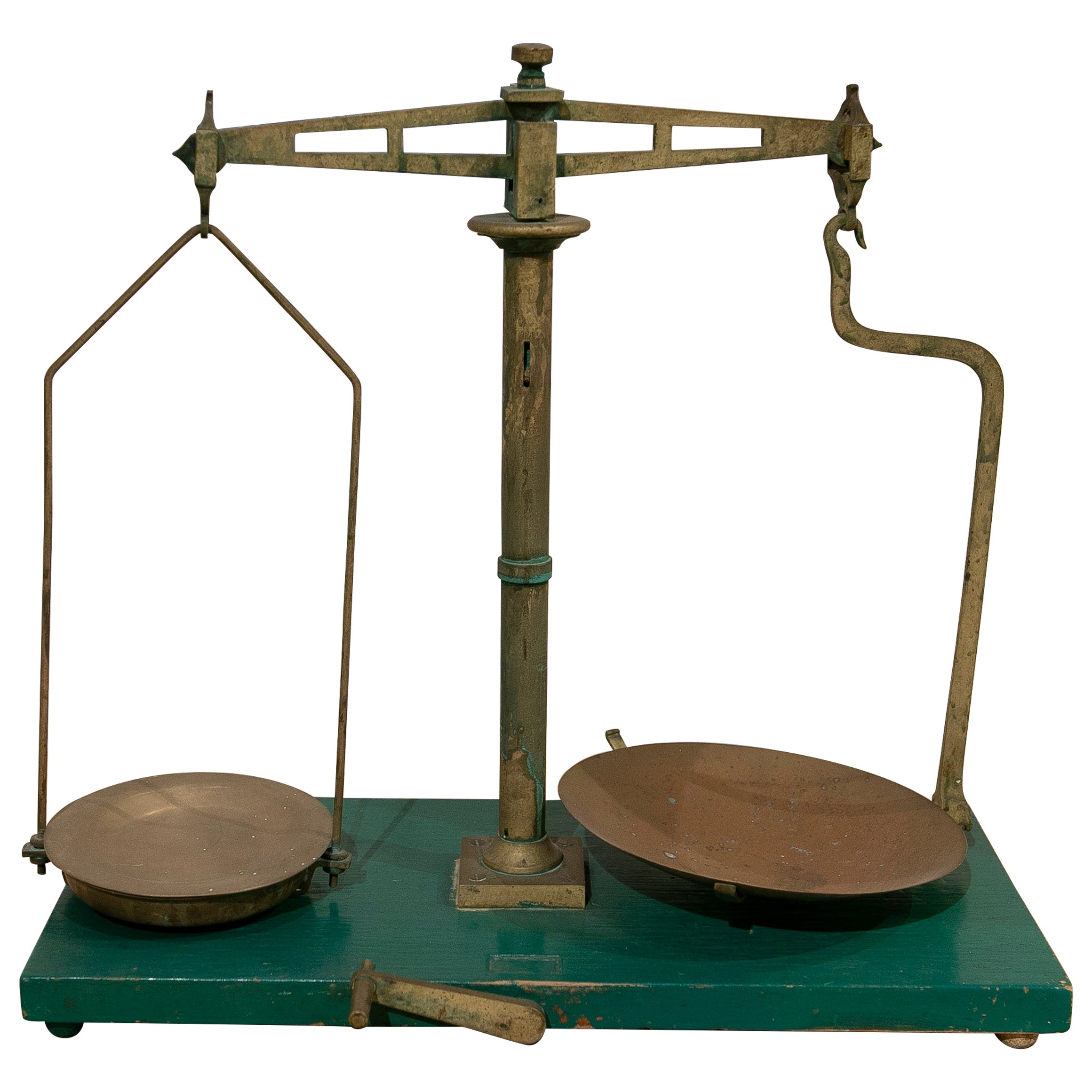 Spanish, Bronze Balance Scale with Green Painted Wooden Stand For Sale
