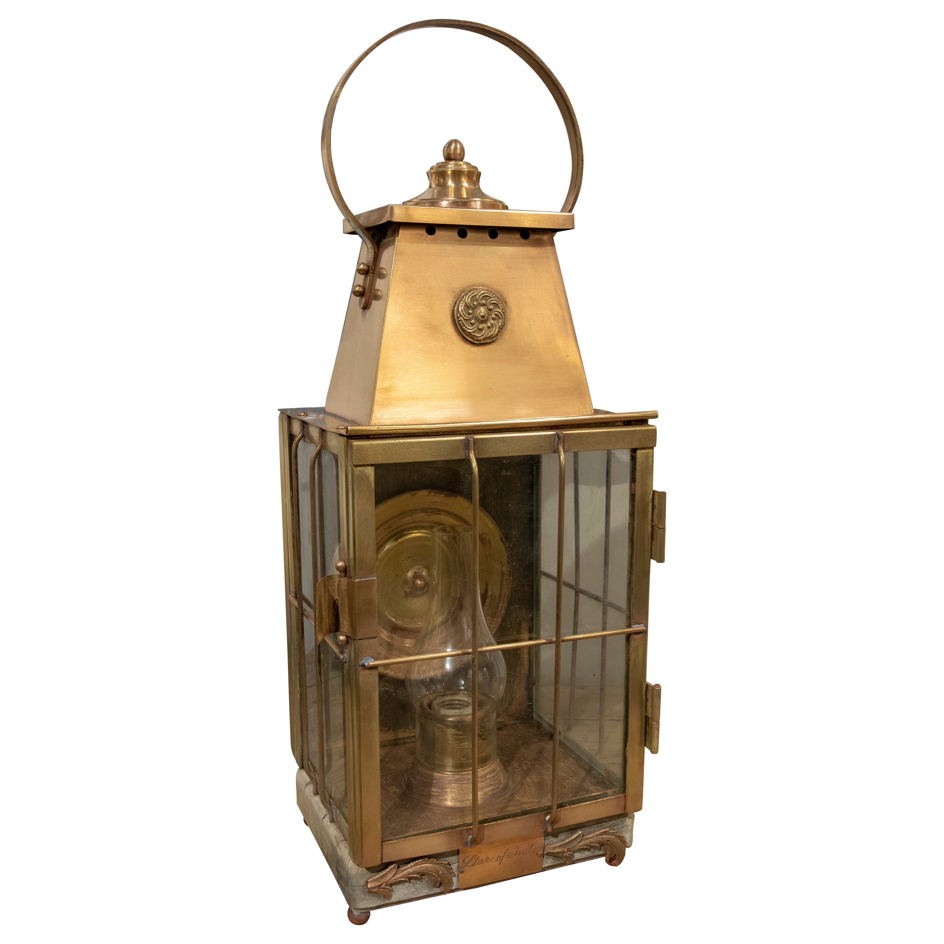 Bronze Oil Lantern with Crystals and Inscription on the Lower Part For Sale