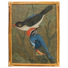 1970s Painting of Birds on Canvas with Bamboo Frame
