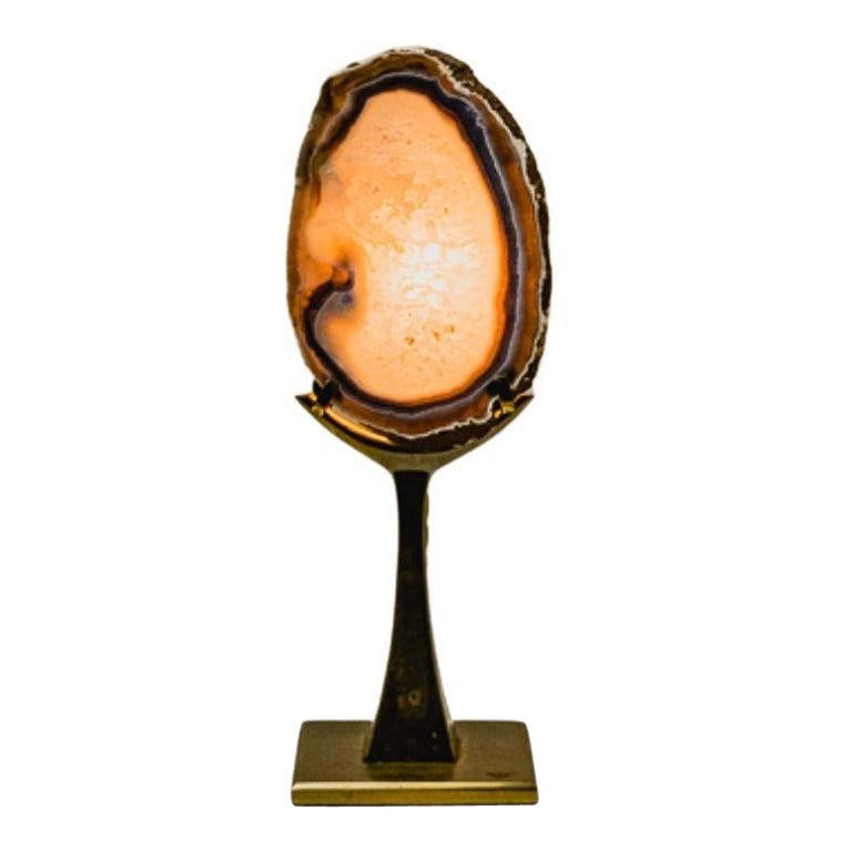 Antique English Brass Lamp with Agate, Golden For Sale