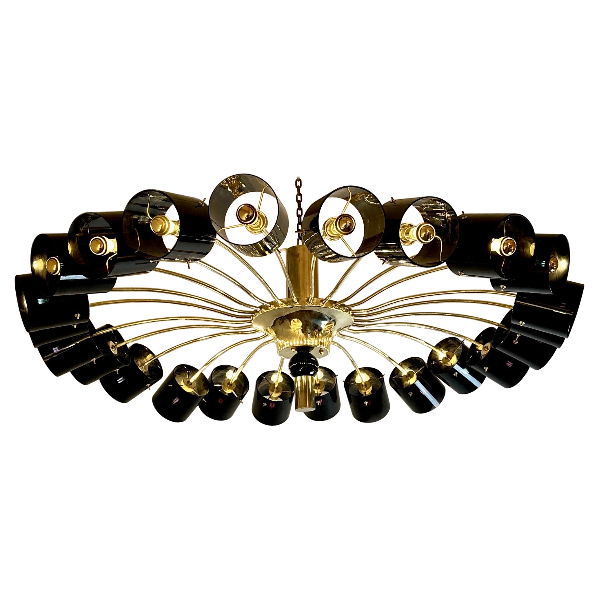 Einbaubeleuchtung aus rundem Messing mit schwarzen Muranoglas-Leuchten aus dem späten 20. Jahrhundert