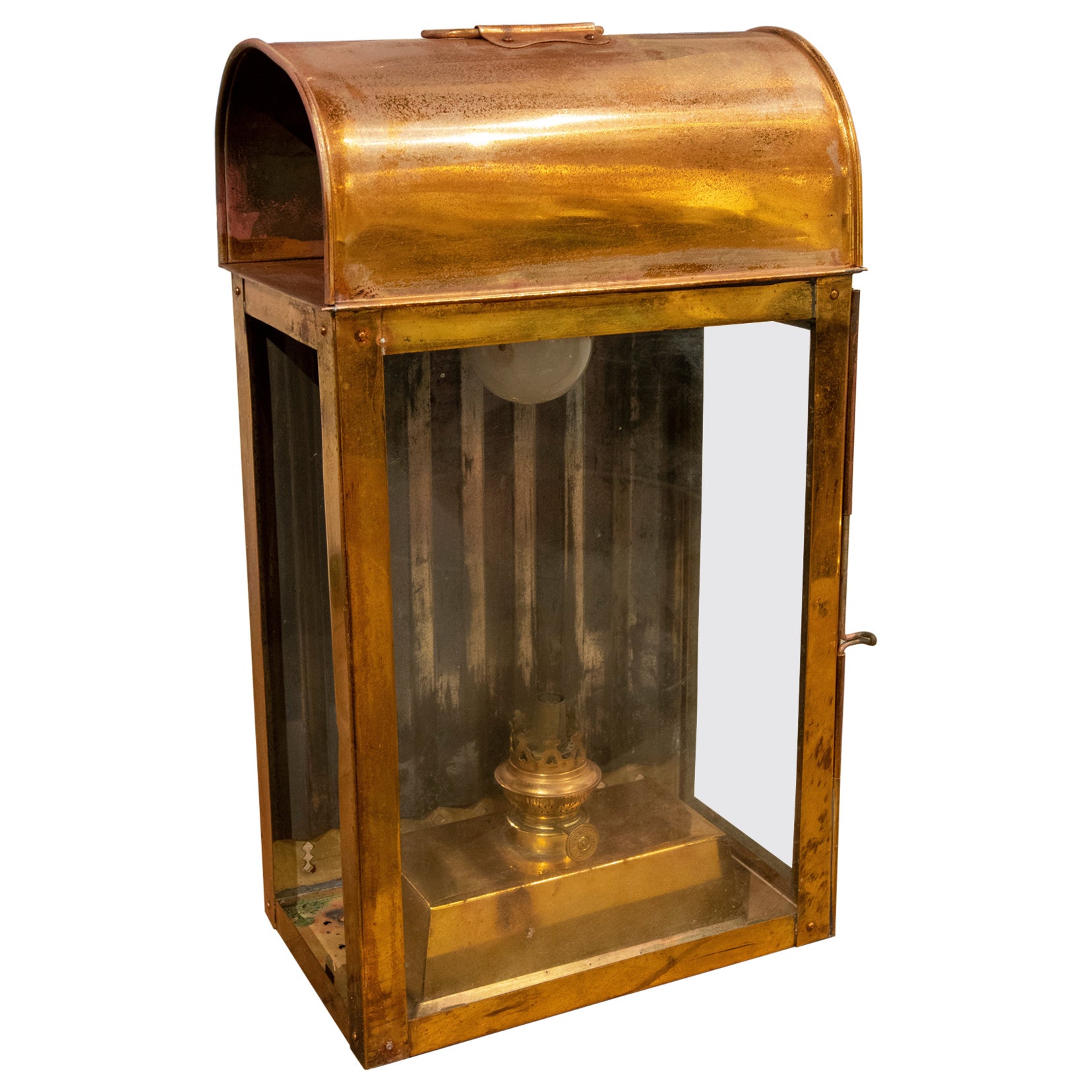 1950s, English Copper Oil Lantern with Glass and Mirror For Sale