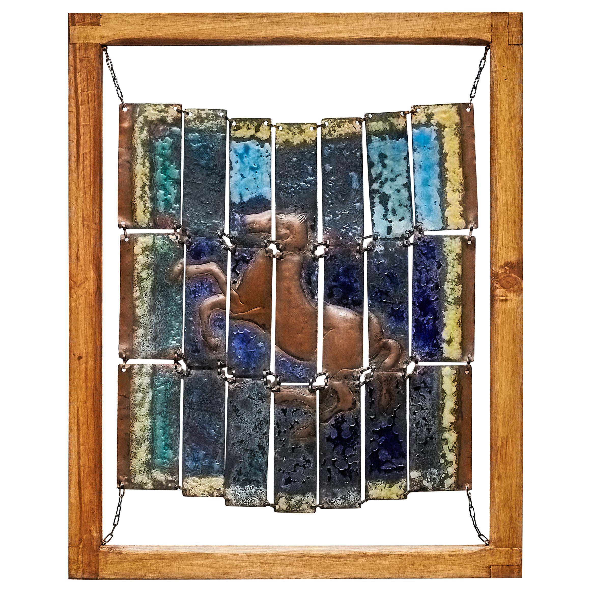 Mid-Century Wood Framed Copper Enamelled Artwork of a Horse, circa 1960