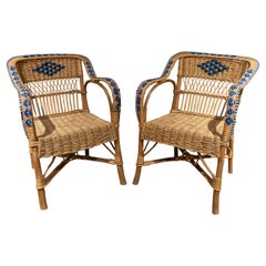 1950s, Spanish Pair of Handmade Wicker Armchairs (Paire de fauteuils en osier faits à la main)