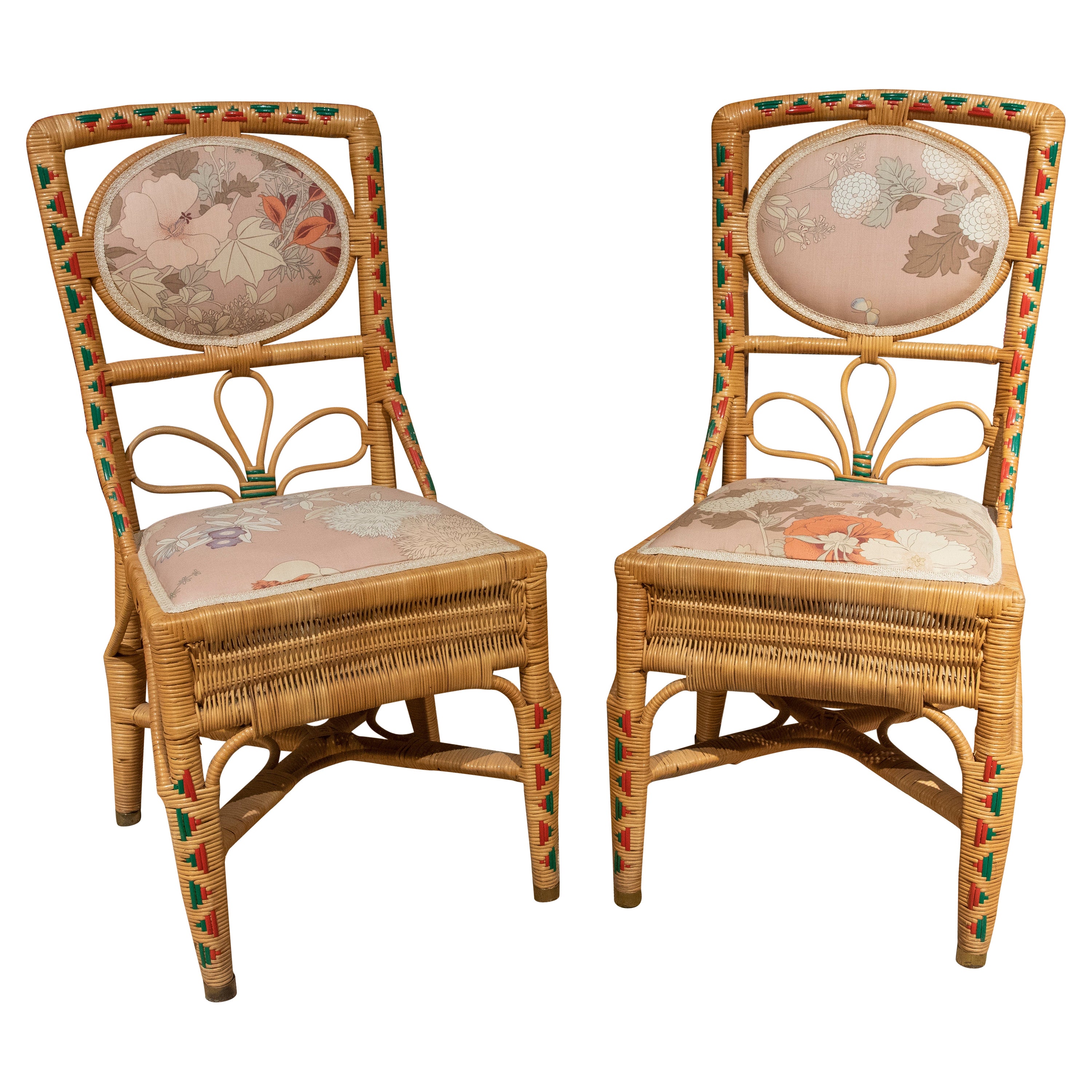 French Pair of Handmade Wicker Chairs with Colorful Decoration