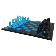 1970s Blue and Black Chess Set in Volterra Alabaster Handmade, Made in Italy
