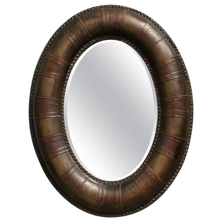 Decorative Oval Brown Studded Leather Cushion Wall Mirror For Sale