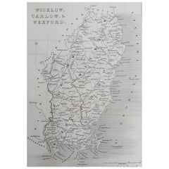 Original Antique Map of Ireland- Wicklow, Carlow and Wexford. C.1840