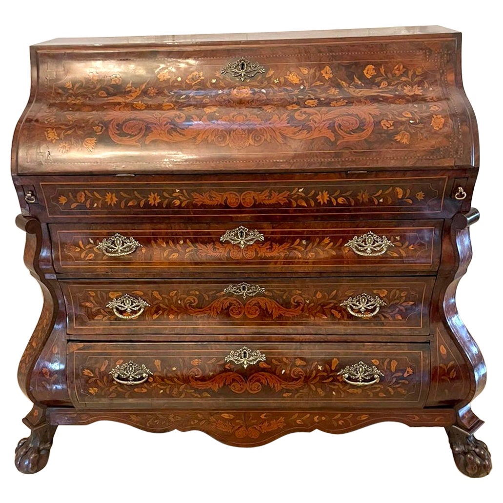 Antique Quality Burr Walnut Floral Marquetry Inlaid Bombe Shaped Bureau For Sale