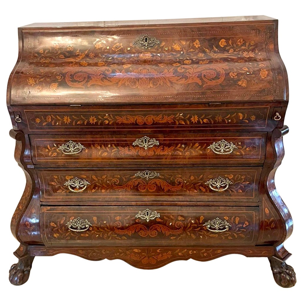 Antique Quality Burr Walnut Floral Marquetry Inlaid Bombe Shaped Bureau