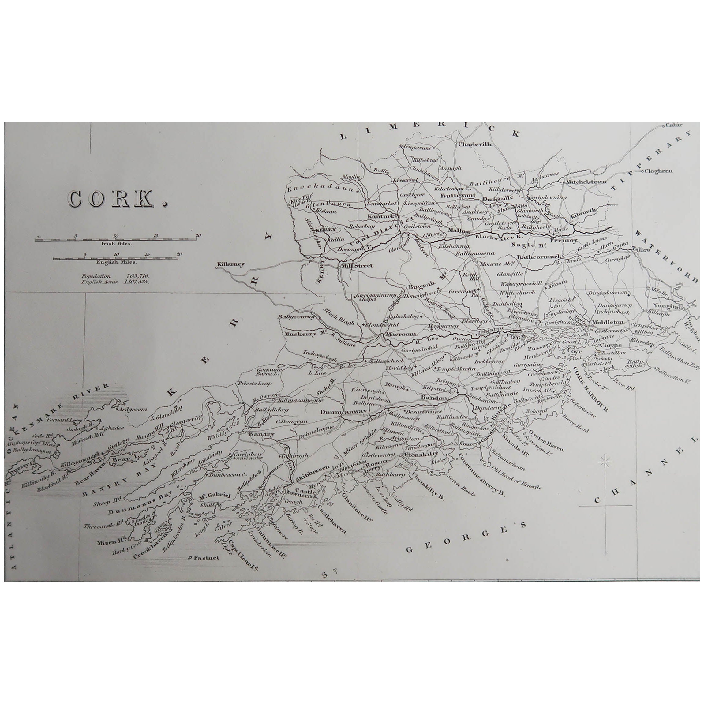 Original Antique Map of Ireland, Cork. C.1840