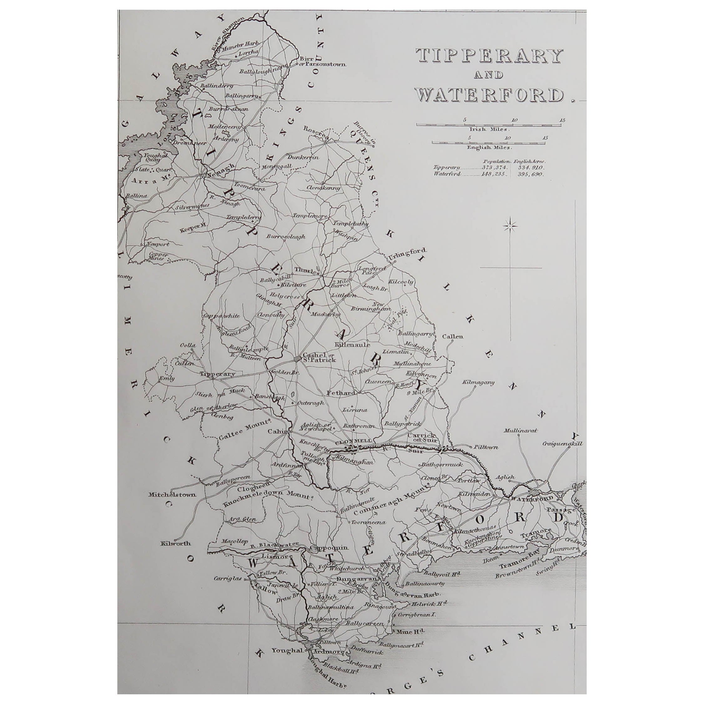 Carte ancienne originale d'Irlande- Tipperary et Waterford. C.1840
