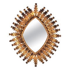 Vergoldeter Rhombus-Spiegel mit Sonnenschliff und Lederrahmen