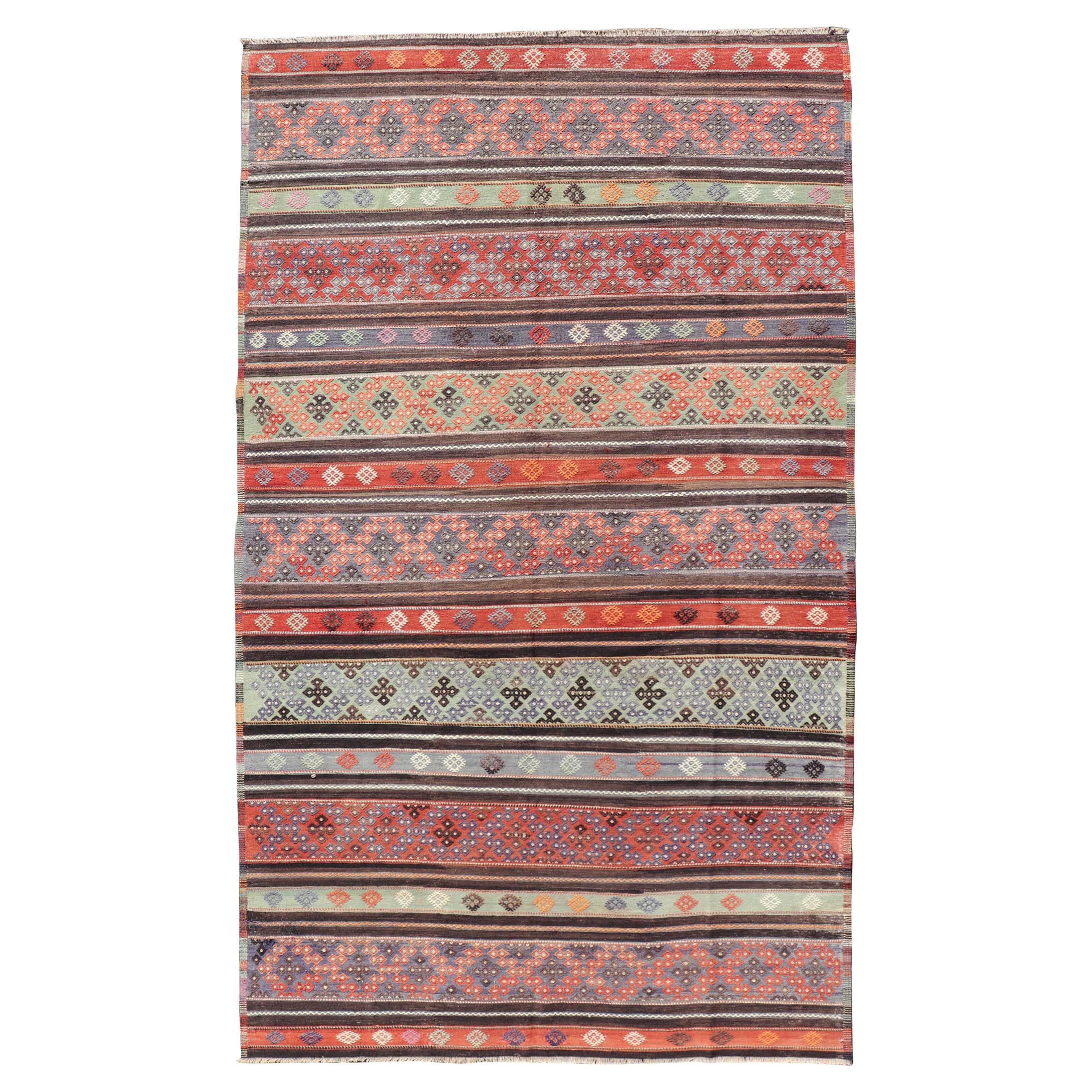 Vintage Turkish Embroidered Large Gallery Kilim Rug with Stripe Design For Sale