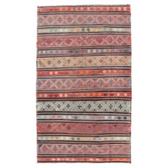 Vintage Turkish Embroidered Large Gallery Kilim Rug with Stripe Design