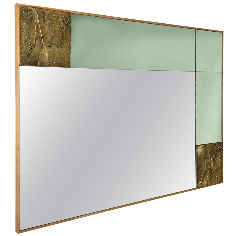 Late 20th Century, Italian Green and Bronze Mirror W/ Sculptural Bronze Plaques For Sale at 1stDibs