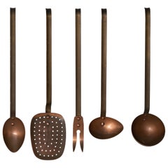 Antique Belgian Copper Kitchen Tools, Set of Five